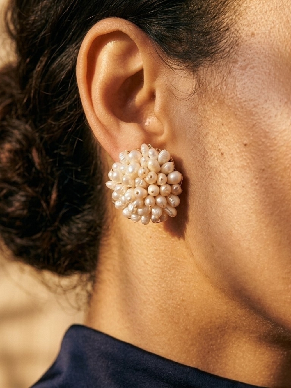 Vintage Freshwater Rice Pearl Cluster Clip On Earrings 1" Boho Statement